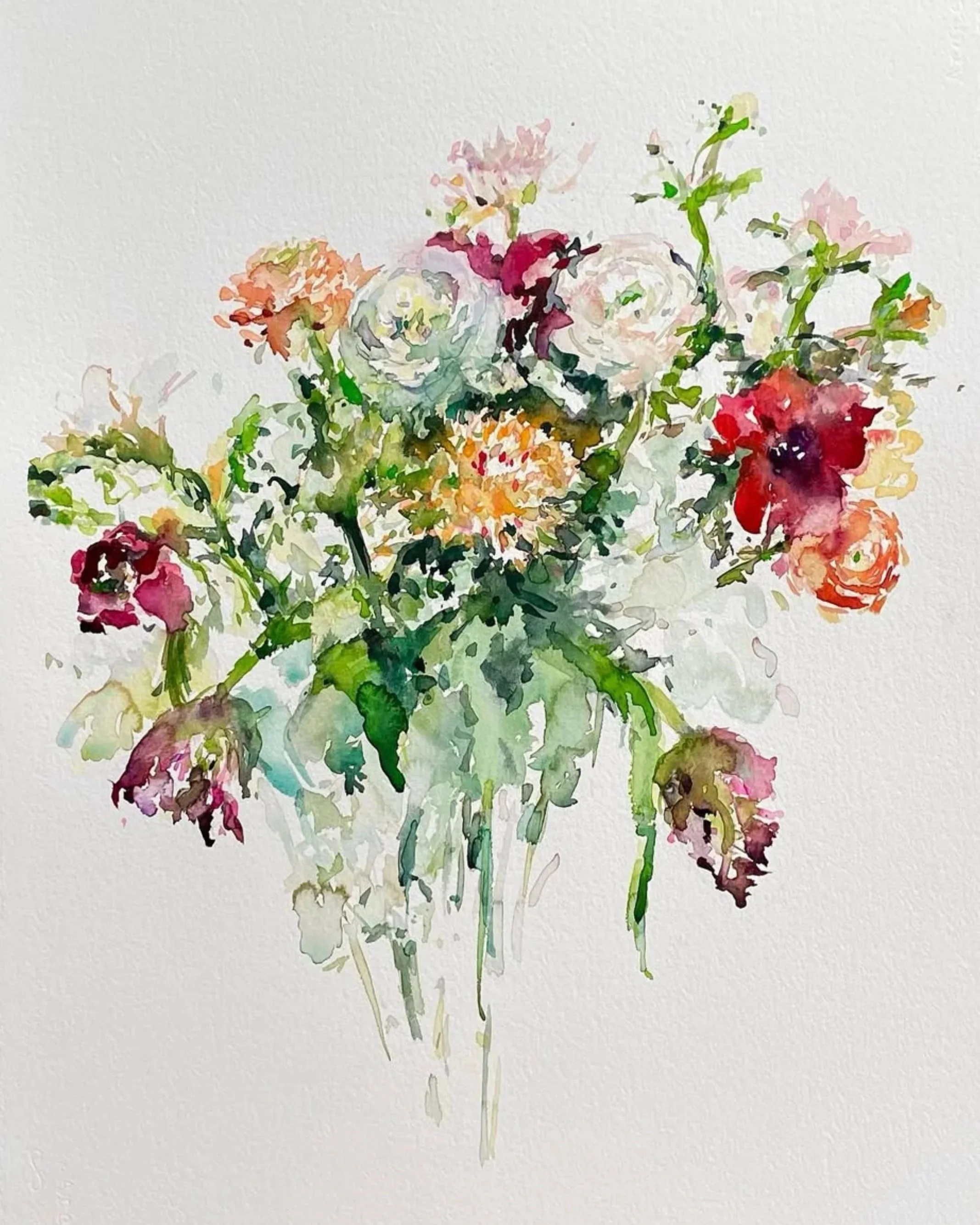 Watercolor painting of a bouquet of various flowers with pink, white, yellow, red, and purple petals and green leaves.