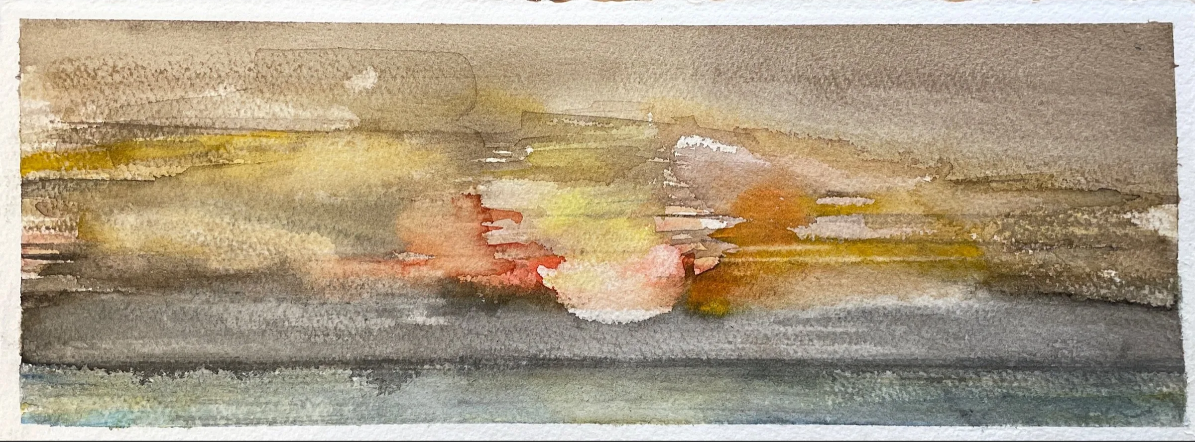 Watercolor painting of a landscape with a hazy sunset or sunrise, featuring muted earth tones like brown, yellow, orange, and gray.