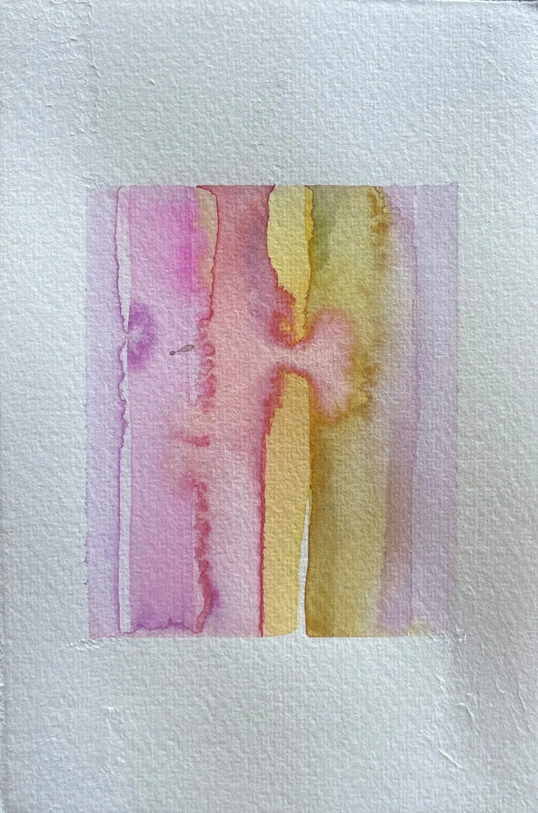 Abstract watercolor painting with vertical washes of pink, purple, yellow, and green on textured white paper.