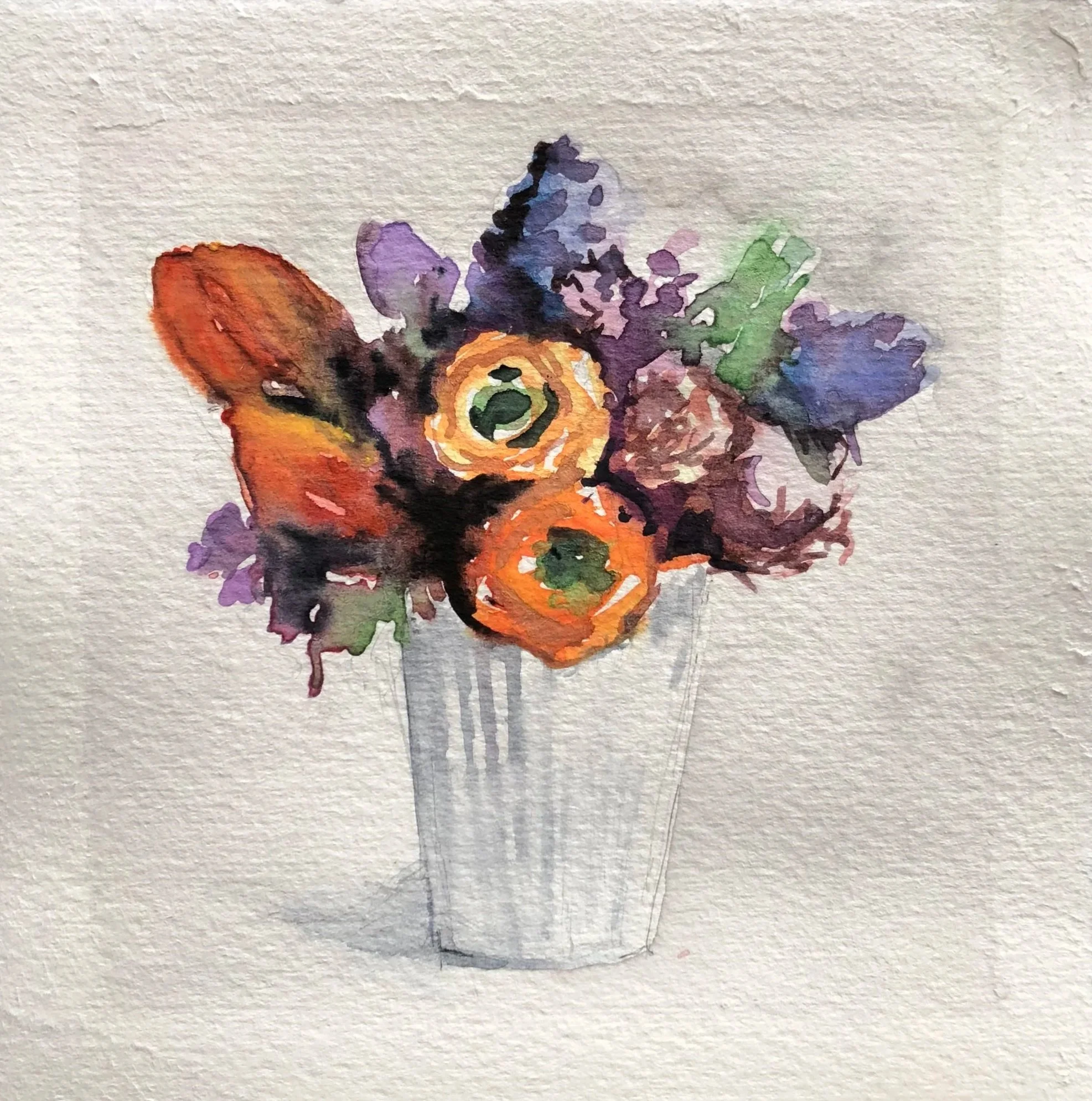 Watercolor painting of a bouquet of orange, yellow, purple, and blue flowers in a white vase.