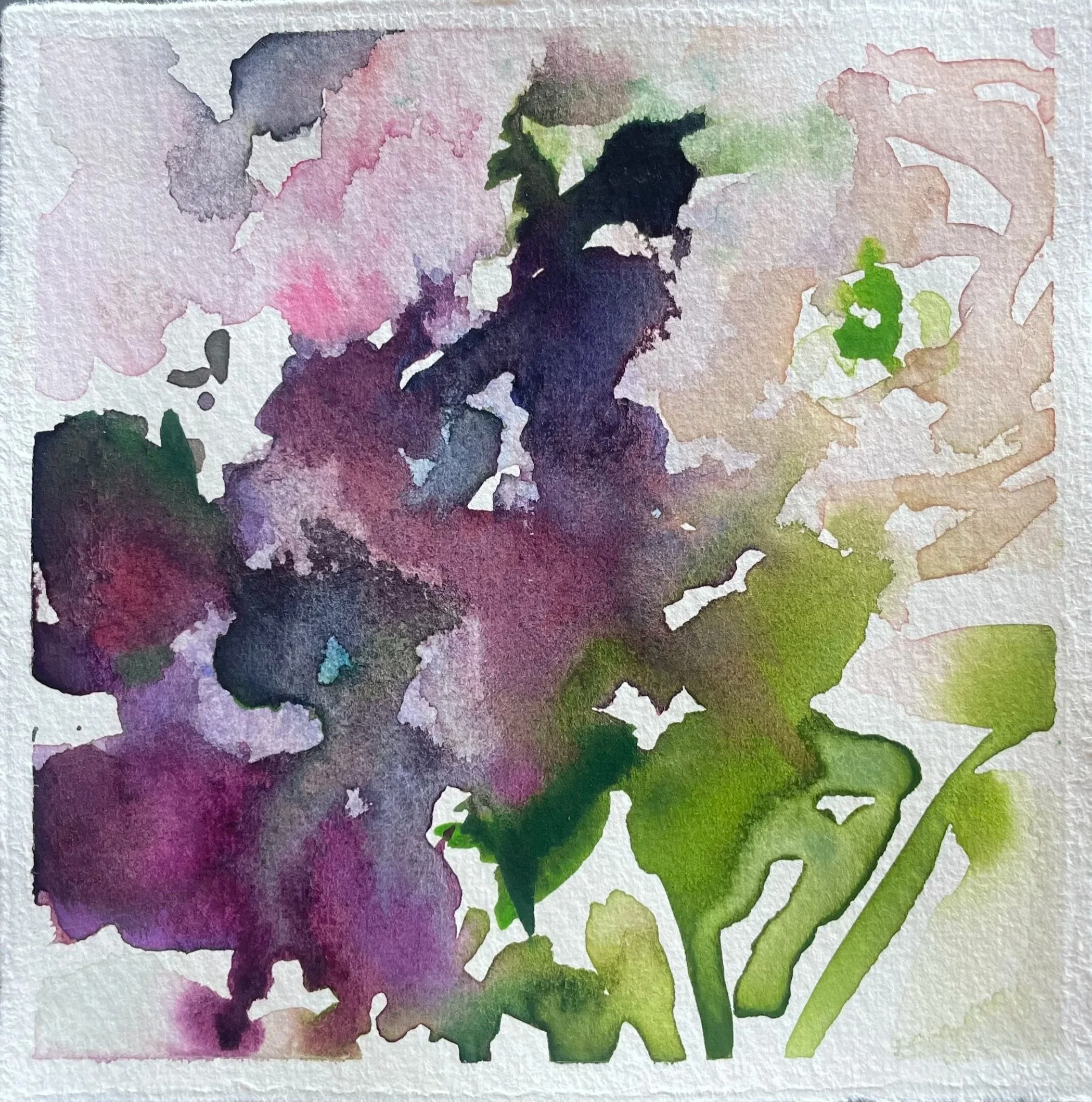 Watercolor painting of purple and pink flowers with green leaves and stems.