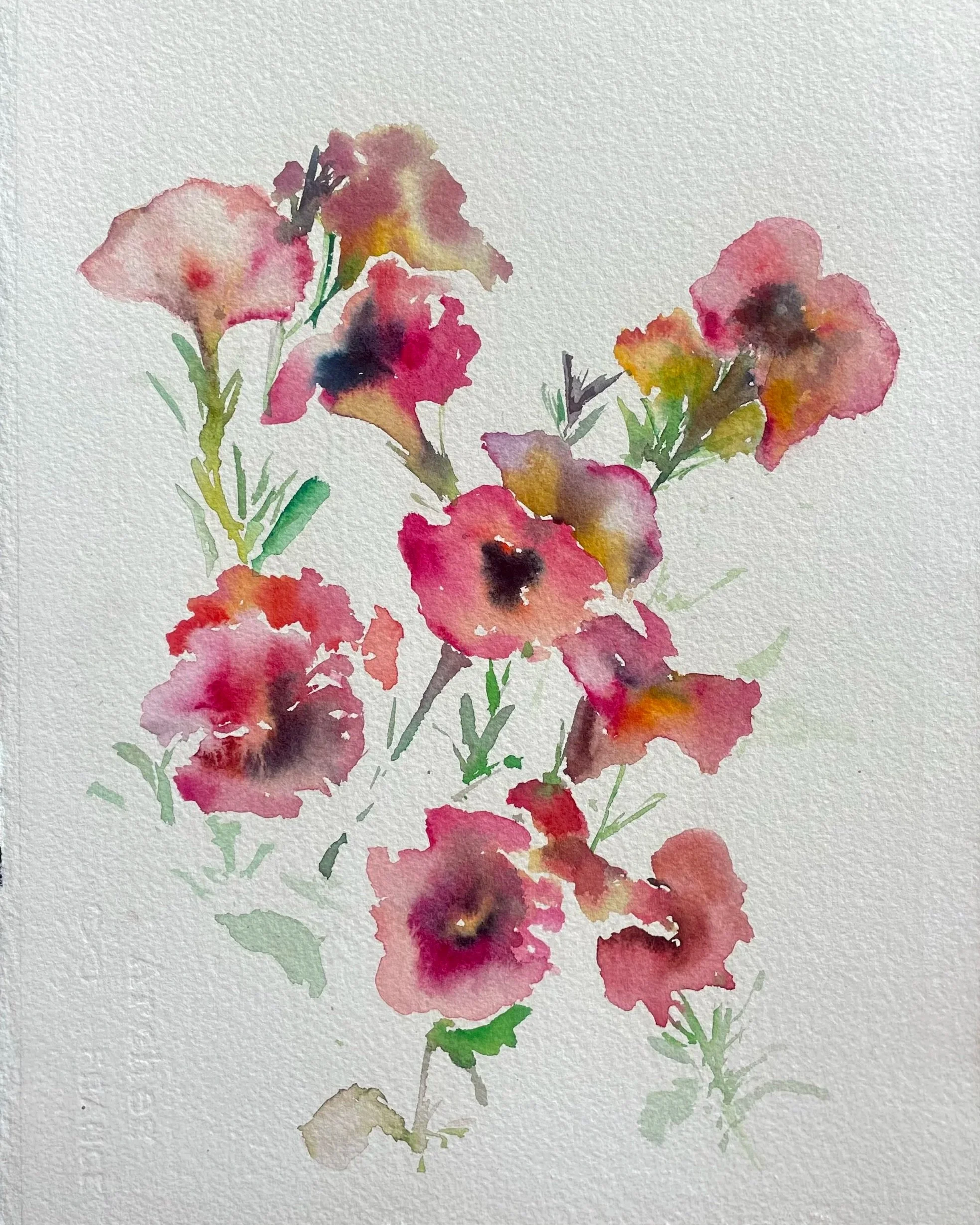 Watercolor painting of pink and red flowers with green leaves on textured paper.