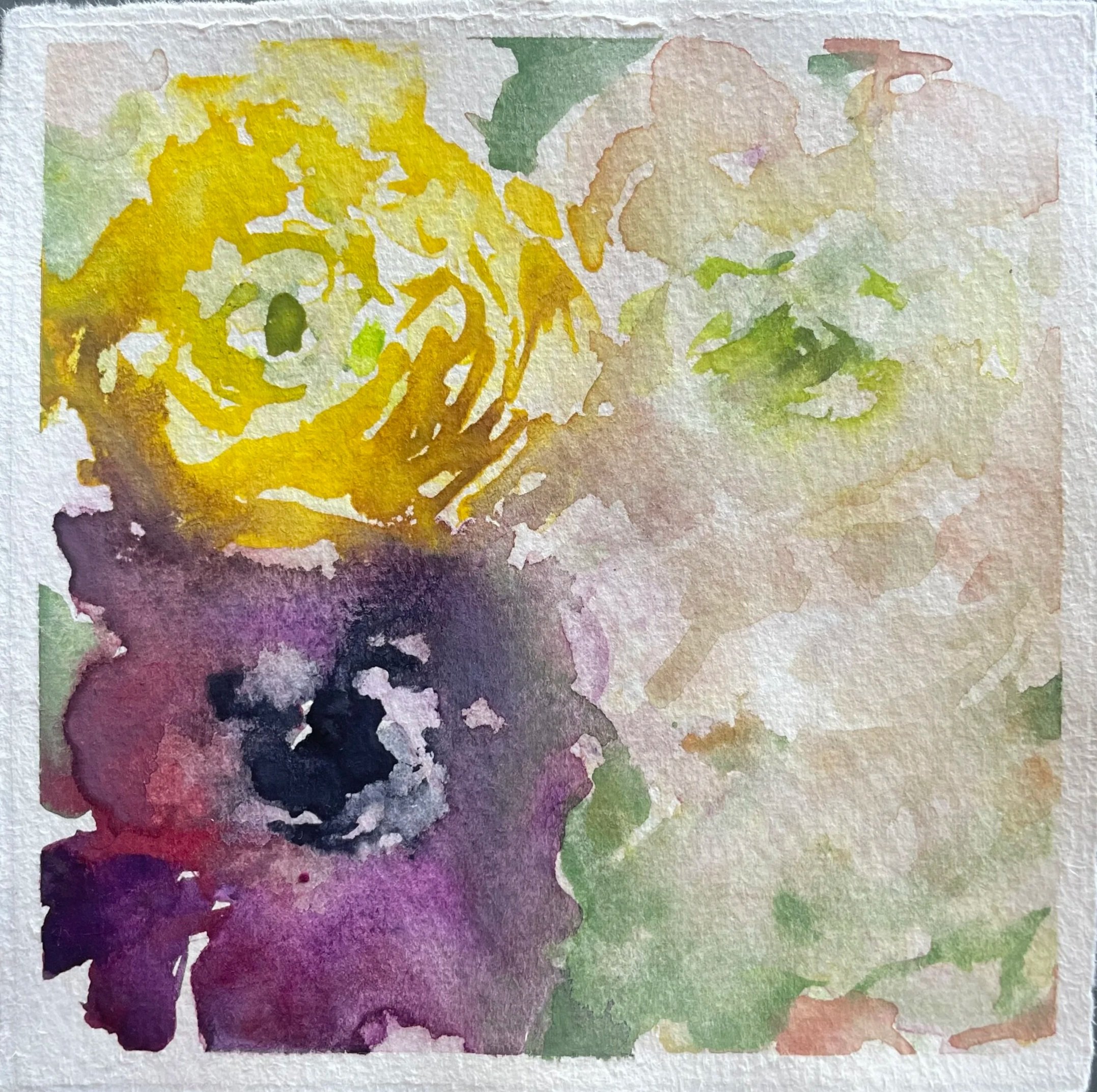 Watercolor painting of a small dog with curly fur, dark eyes, and nose, surrounded by yellow, purple, and soft pastel colors.