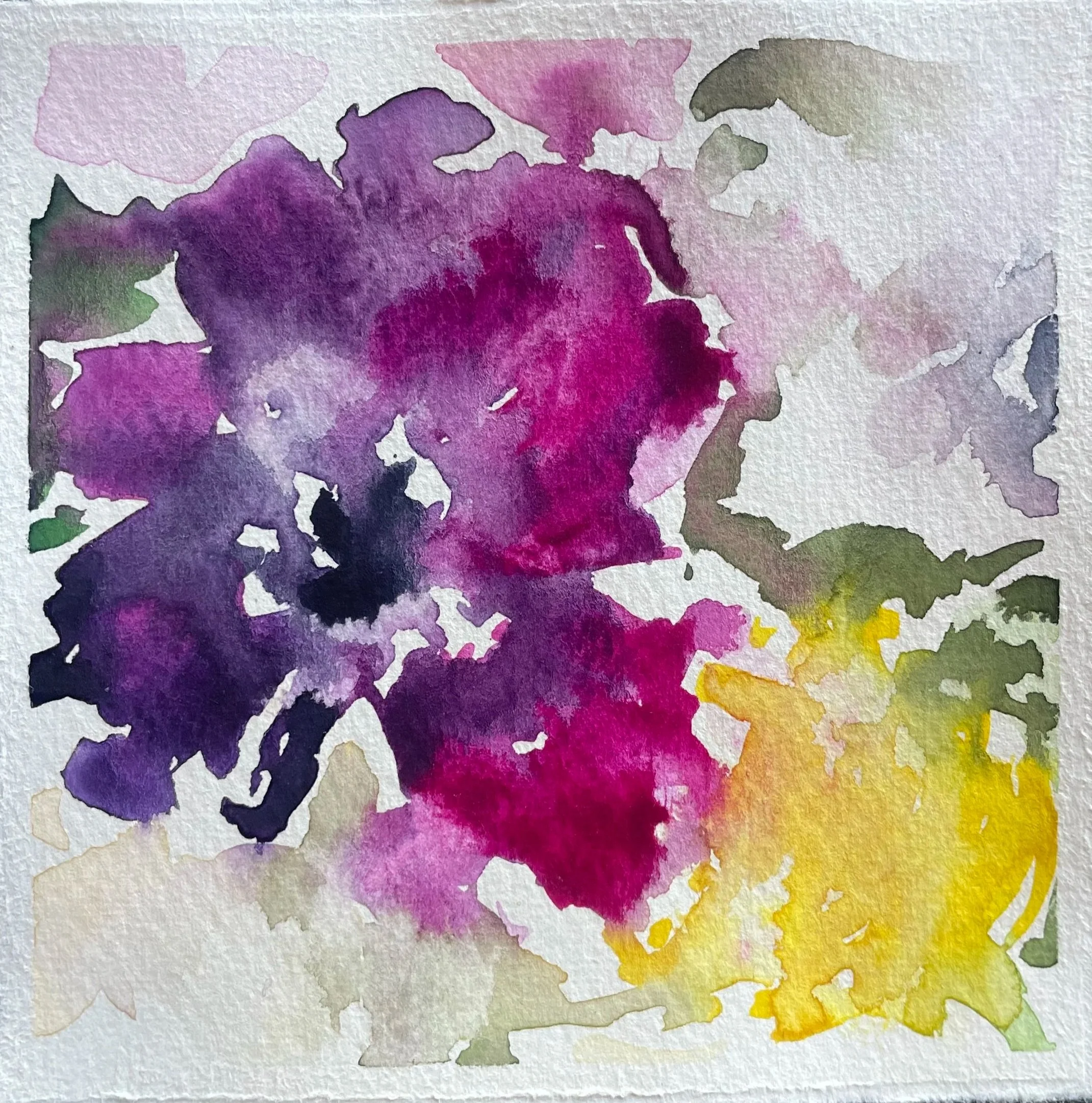 Watercolor painting of purple, pink, yellow flowers with green leaves.