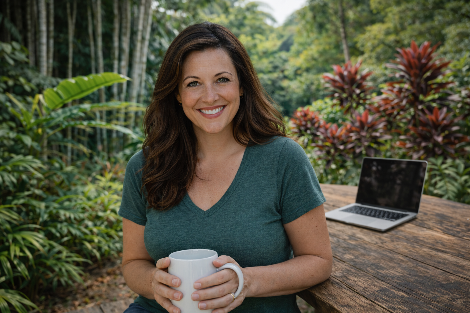 A woman with long brown hair smiling, holding a white mug, sitting outdoors at a wooden table with a laptop nearby, surrounded by lush green plants.