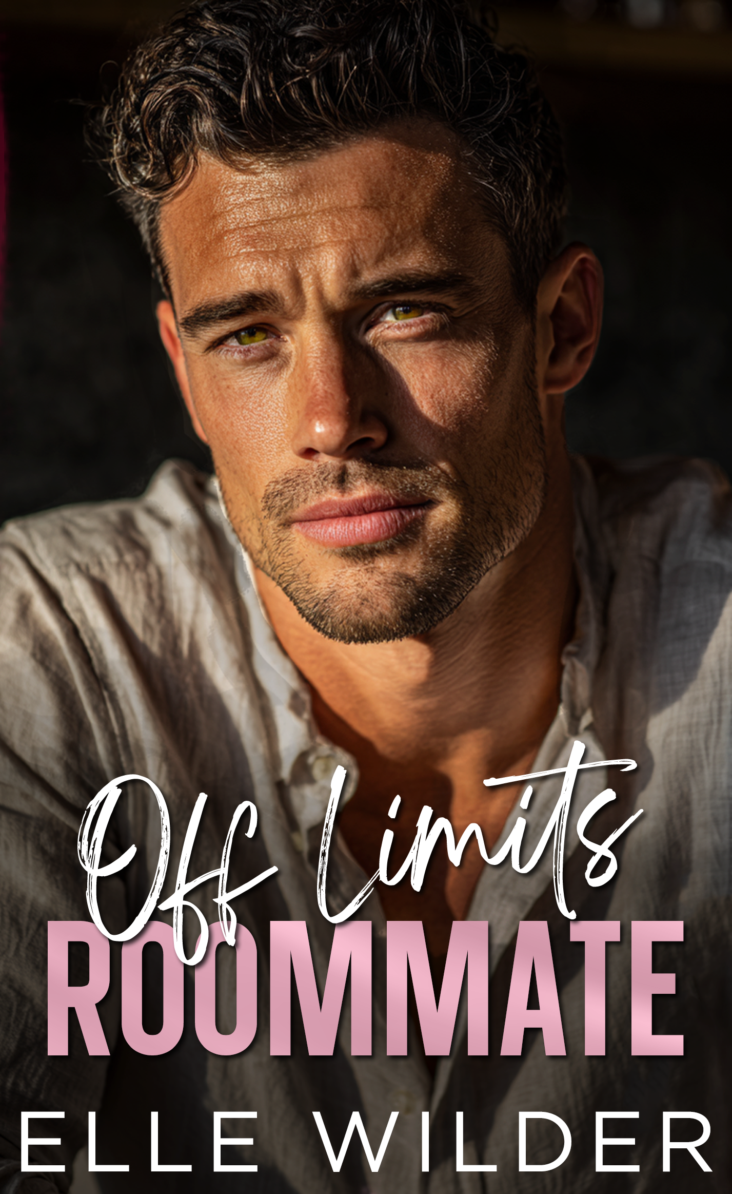 handsome man at golden hour looking to camera alluringly contemporary romance cover author elle wilder, title My Off Limits Roommate