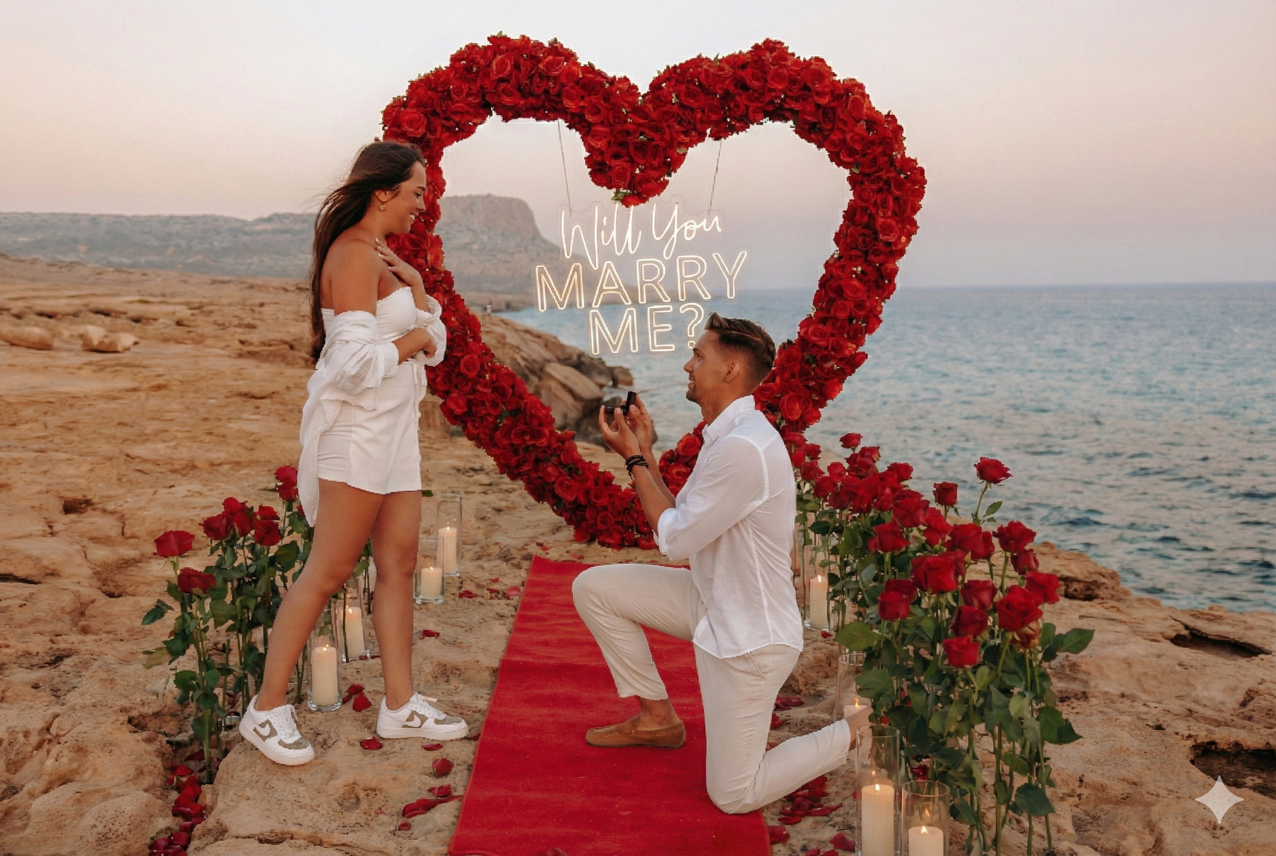A man proposes marriage to a woman on a rocky beach with a large red heart made of roses and a neon sign that reads "Will You Marry Me?" The woman looks touched and is holding her hand over her heart while the man kneels holding a ring. The scene is decorated with candles, roses, and a red carpet.