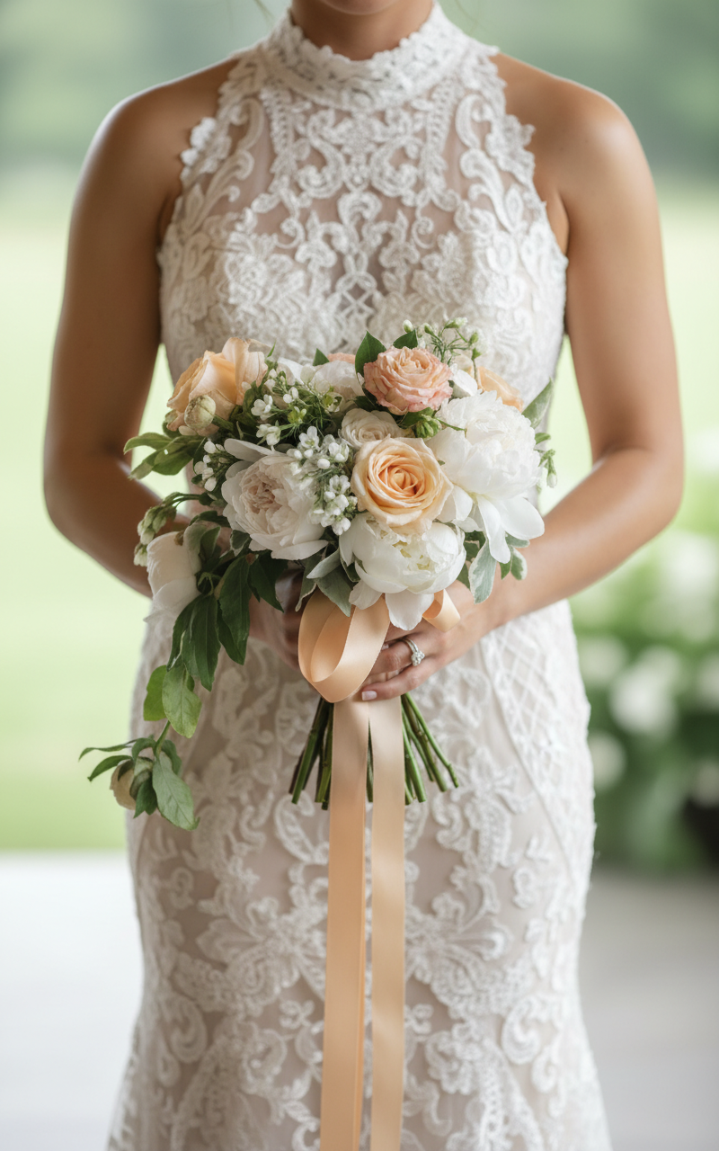 Bridal bouquet of ivory, blush pink, and white flowers with greenery and a peach satin ribbon.