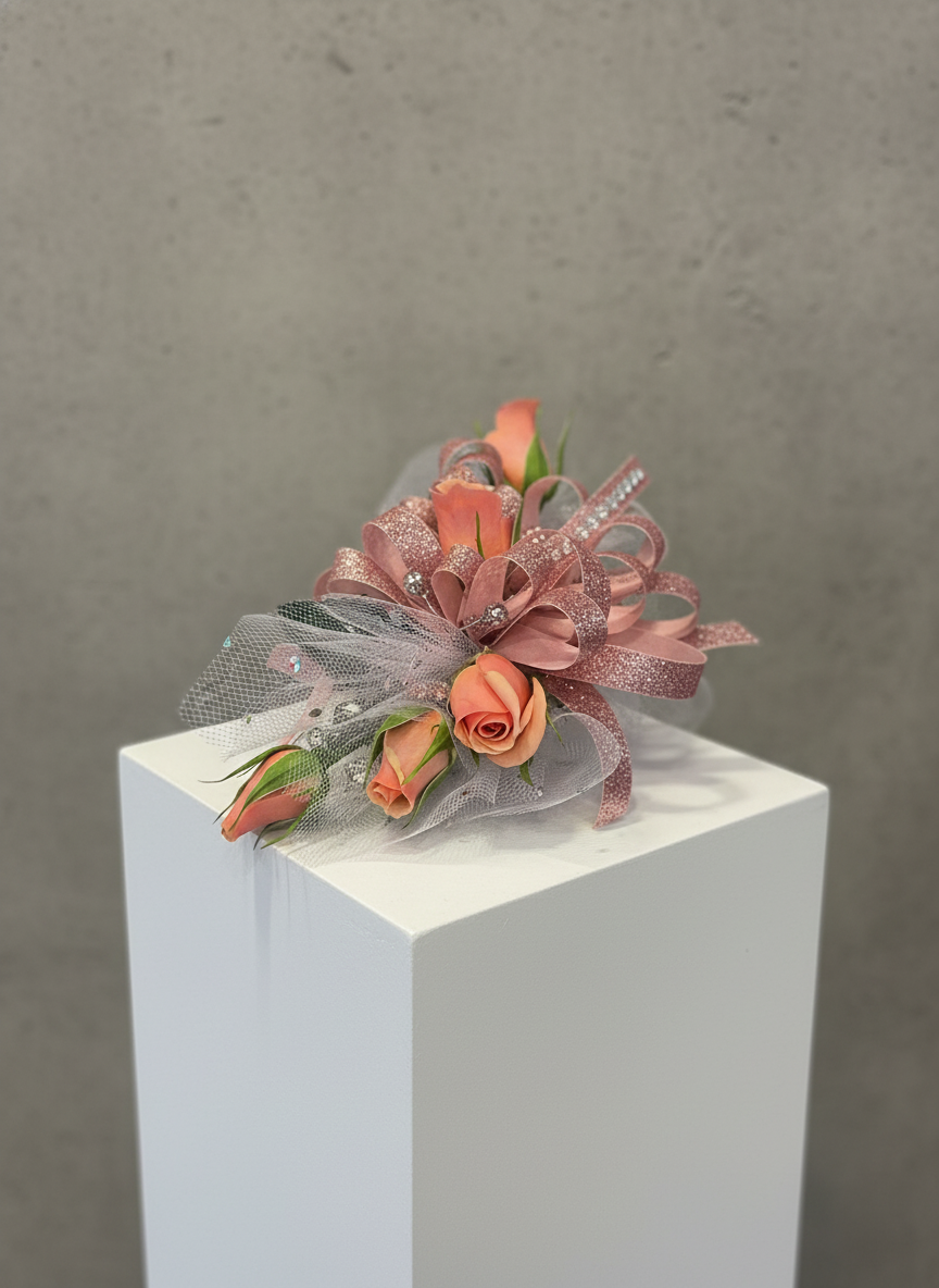 A corsage with peach roses, pink ribbons, and decorative tulle.
