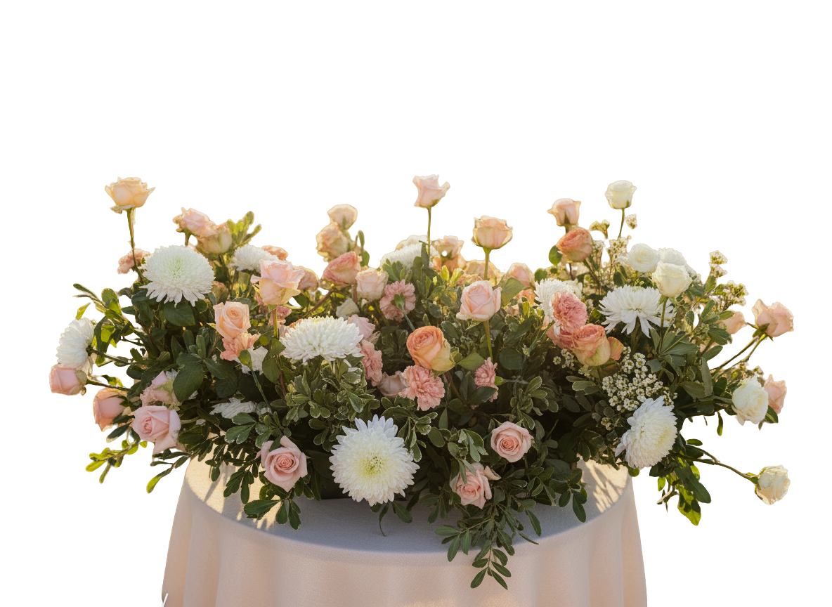 Large centerpiece with pink and white flowers, including roses, chrysanthemums, and small filler flowers.