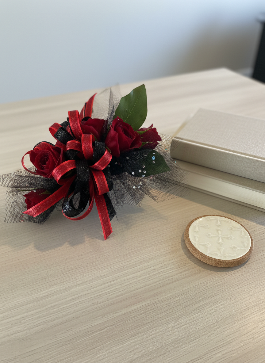 Corsage (wristlet) with red roses, green leaves, and red and black ribbons.