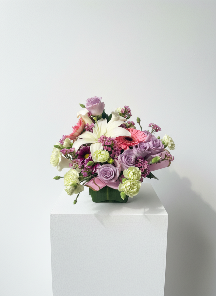 Arrangement of pink, purple, white, and green flowers.