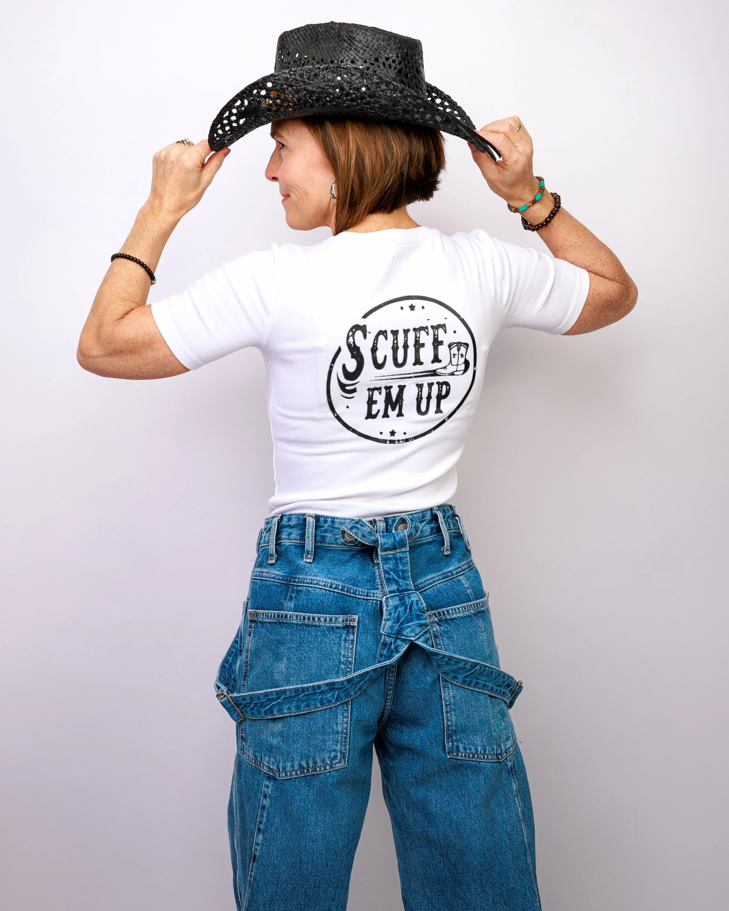 Founder, Carol-Ann posing with Scuff Em Up t-shit