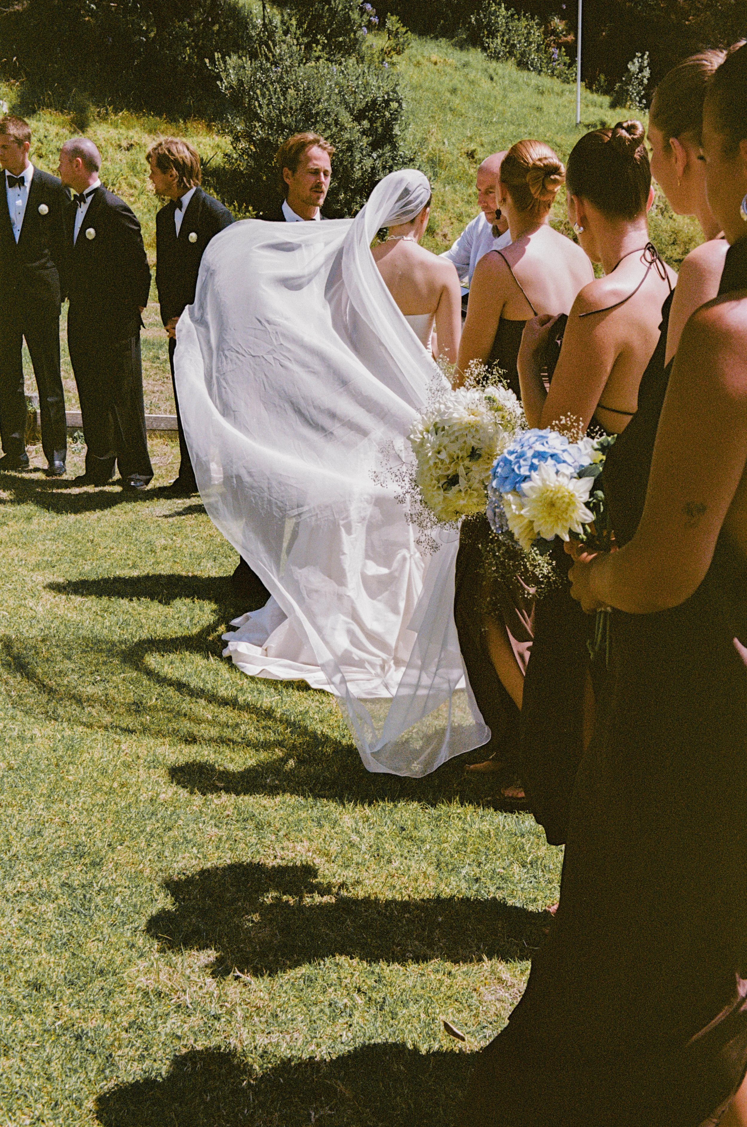 A bride in a white wedding dress and veil stands with her back to the camera, surrounded by bridesmaids with bouquets, and groomsmen in tuxedos, outdoors on a sunny day.