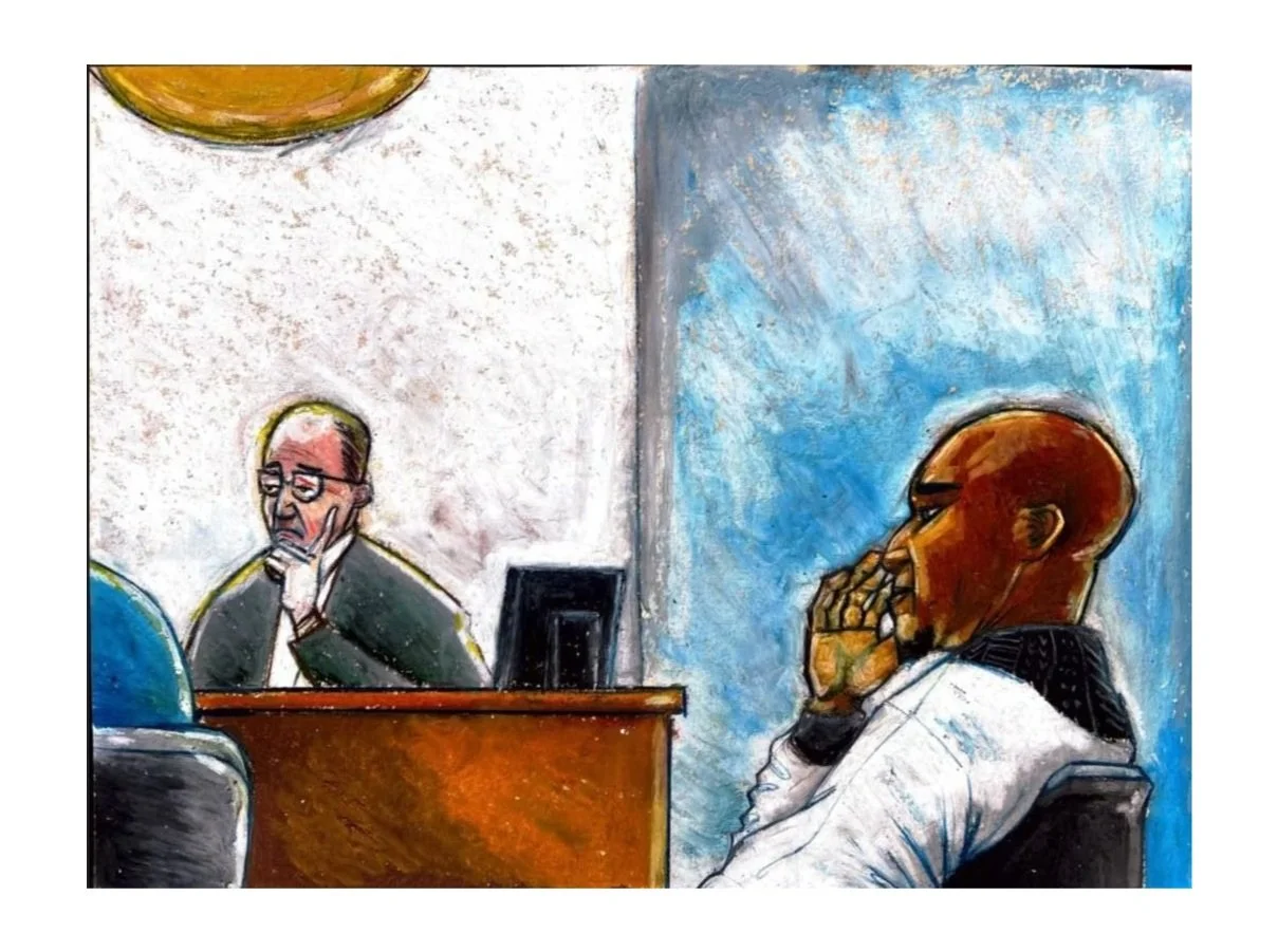 A painting depicting a courtroom scene with two individuals: a judge sitting behind a desk with a serious expression and a person seated in the foreground with a hand on their face, appearing deep in thought. The background is split into two colors, white on the left and blue on the right.