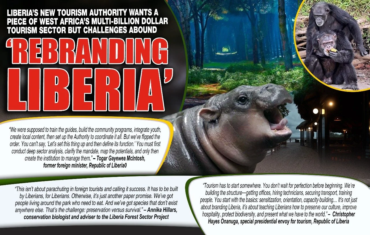 A magazine page discussing Liberia's tourism sector, featuring images of rainforest, baby chimpanzees, and a hippo, with quotes from officials.