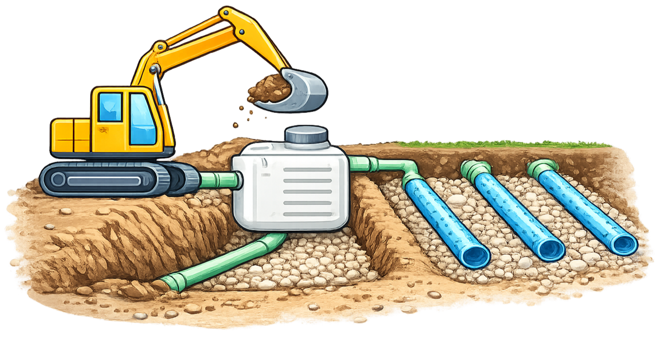 Septic system installation with excavator and drain field setup in Chattanooga TN