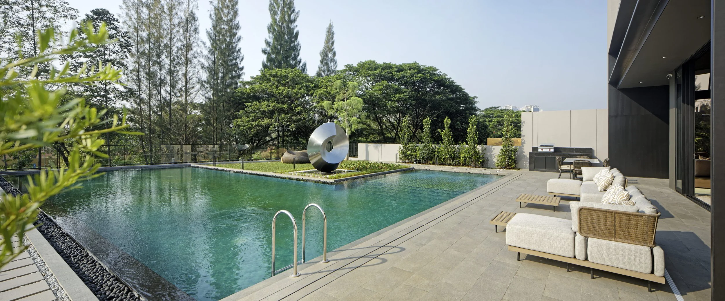 Botanic Villa interior view overlooking the swimming pool and exterior