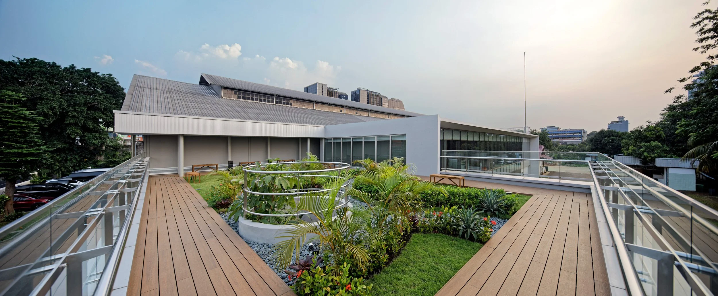 Landscape garden surrounding a contemporary building