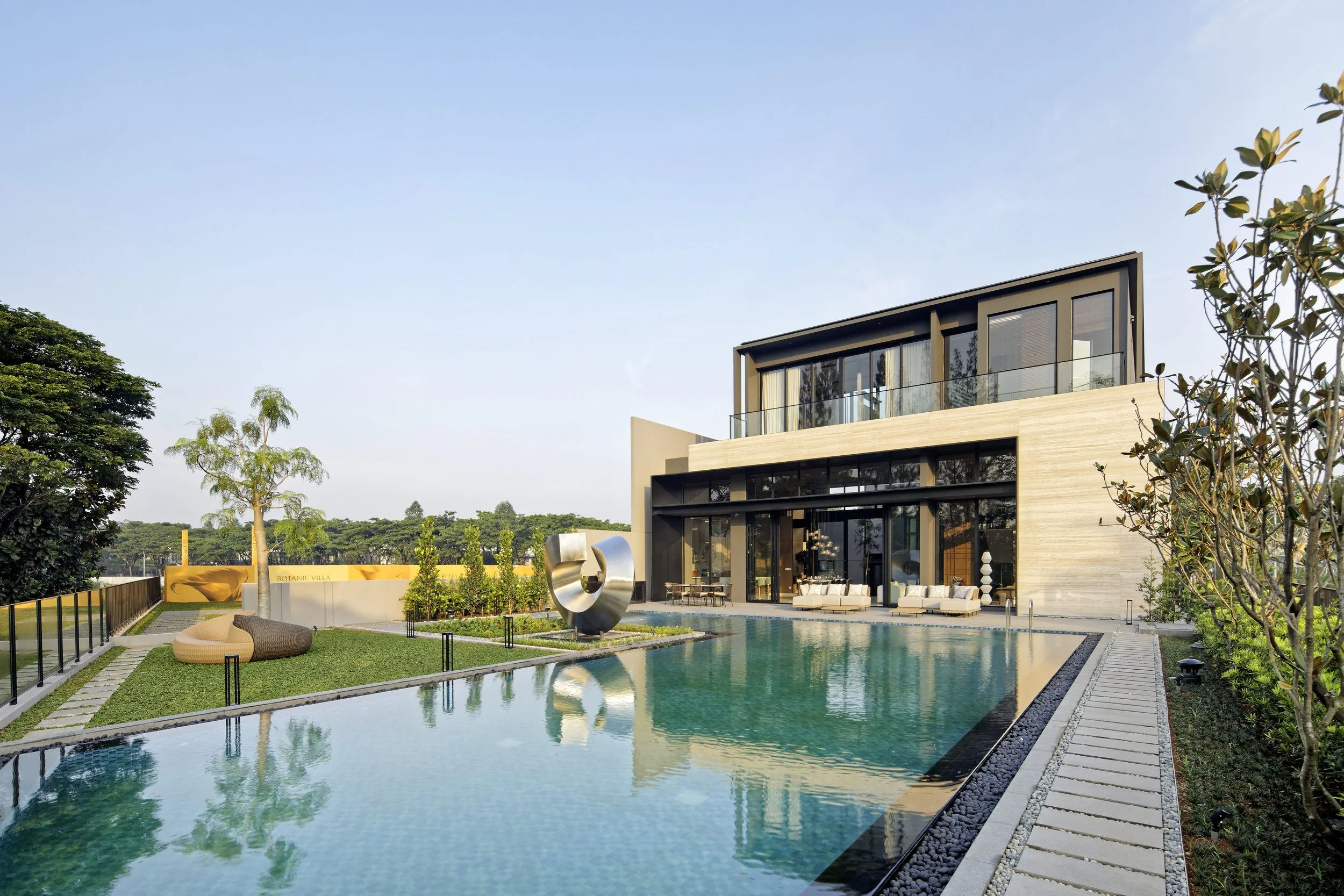 Botanic Villa poolside perspective showing the exterior and interior