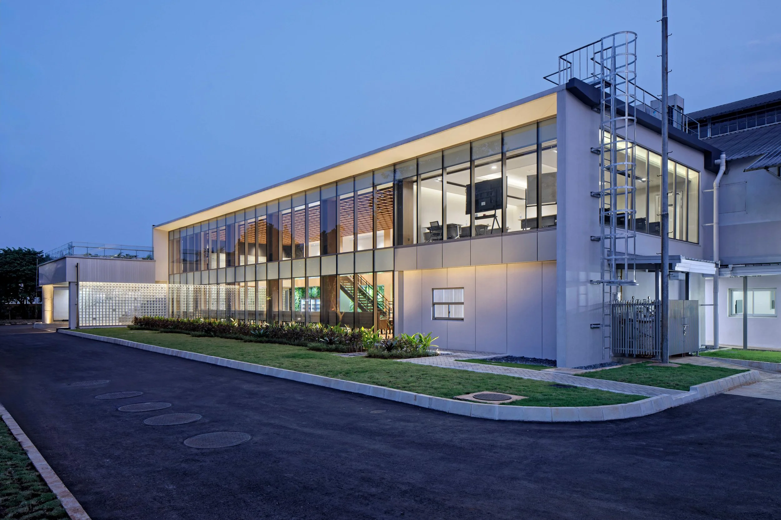Twilight side exterior of a contemporary building