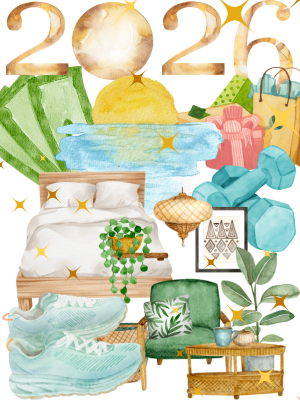 Vision Board for 2026 for website JustABitLess.com, pictures of money and shopping bags for spending less, sneakers, weights, and a bed for energy, sun reflecting on the water for mind; and a peaceful living room space representing decluttering space