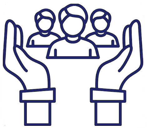 Two large hands surrounding a group of four people outlined in blue.