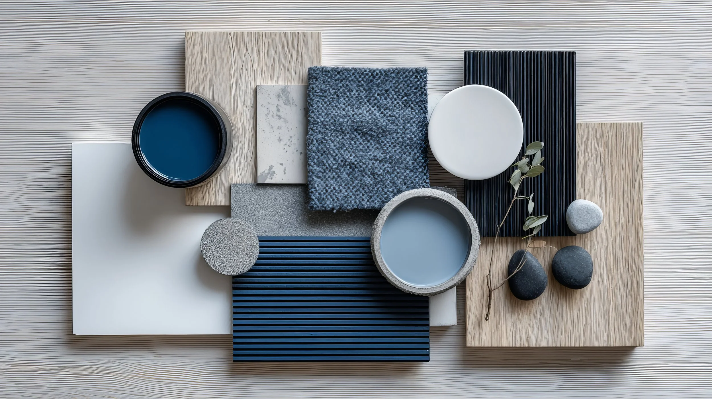 Arrangement of various textured and colored materials including stones, ceramic tiles, fabric swatches, and bowls on a striped surface, showcasing a modern design concept.