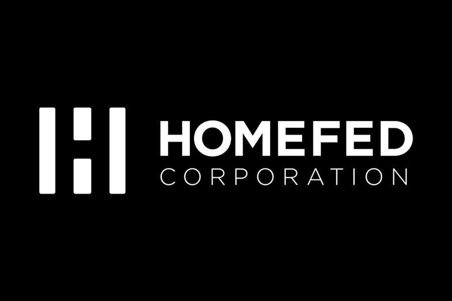 The logo of HomeFed Corporation featuring a black background with a white stylized 'H' and the company name in white text.