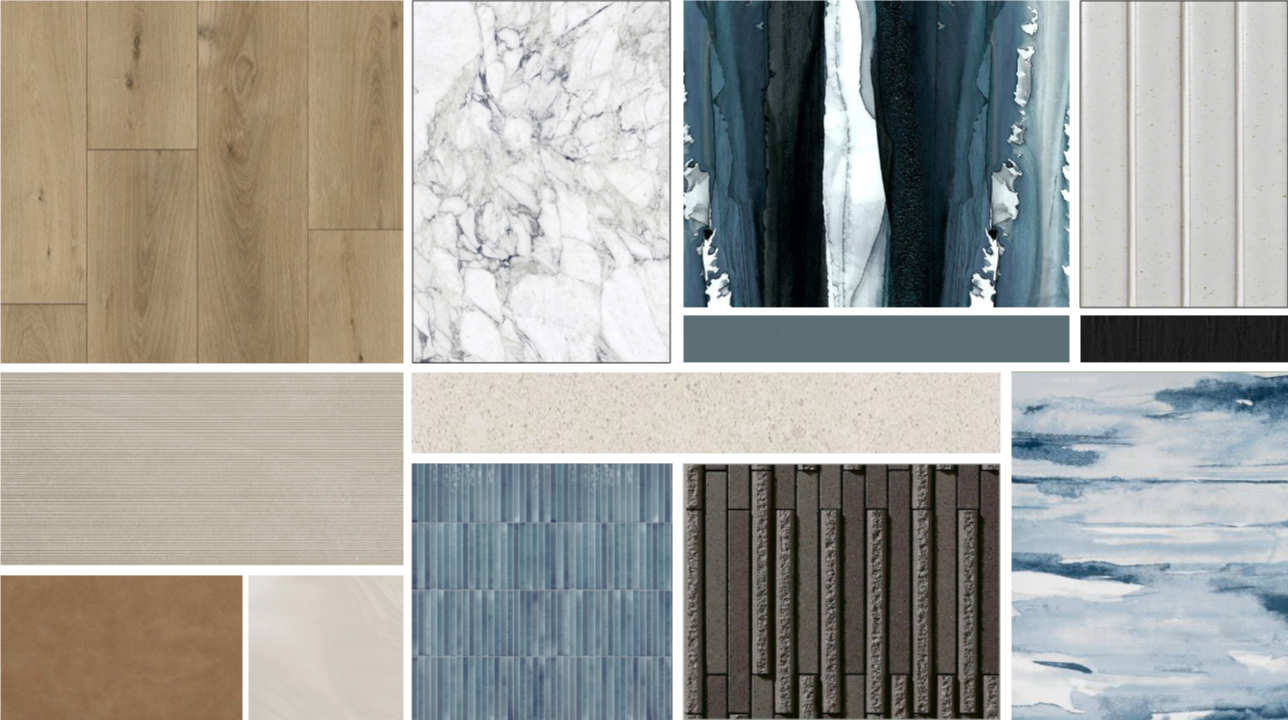 Collage of various interior design materials including wood flooring, marble, abstract blue and white art, textured tiles, and stone surfaces.