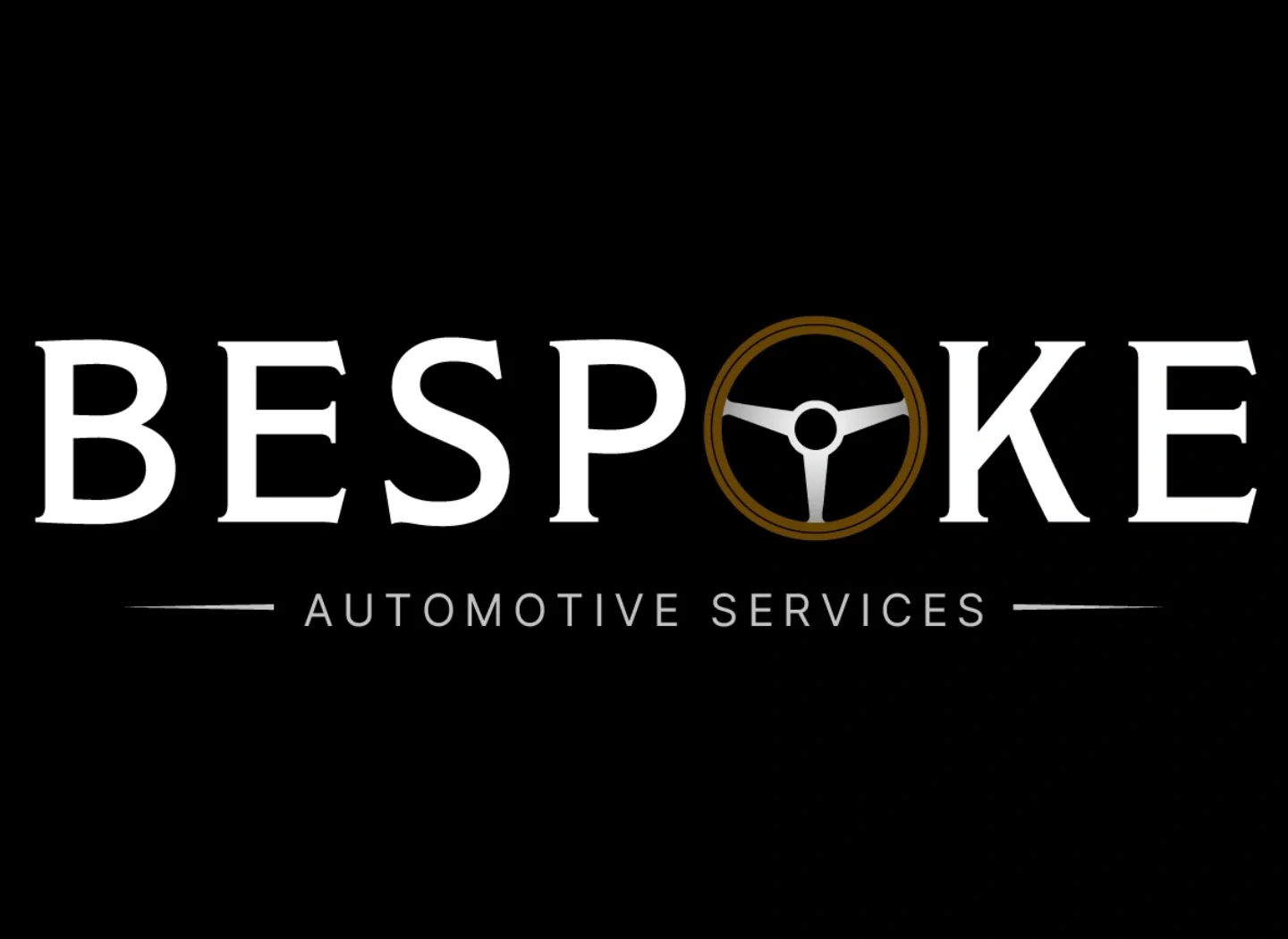 Logo for BESPoke Automotive Services with the word 'BESPoke' in large white letters and a stylized steering wheel icon replacing the letter 'O', underneath 'Automotive Services' written with two lines on either side, all on a black background.
