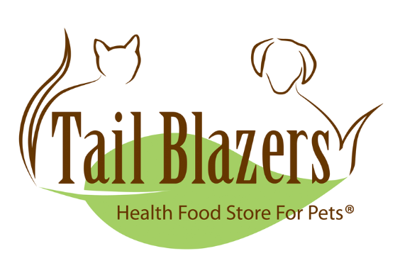 Logo for Tail Blazers, a pet food store, featuring a stylized cat and dog outline above the store name with green and brown colors.