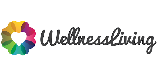 WellnessLiving logo with a colorful heart-shaped flower and the word 'WellnessLiving' in cursive.