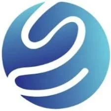 Blue and white abstract swirl logo inside a circular shape