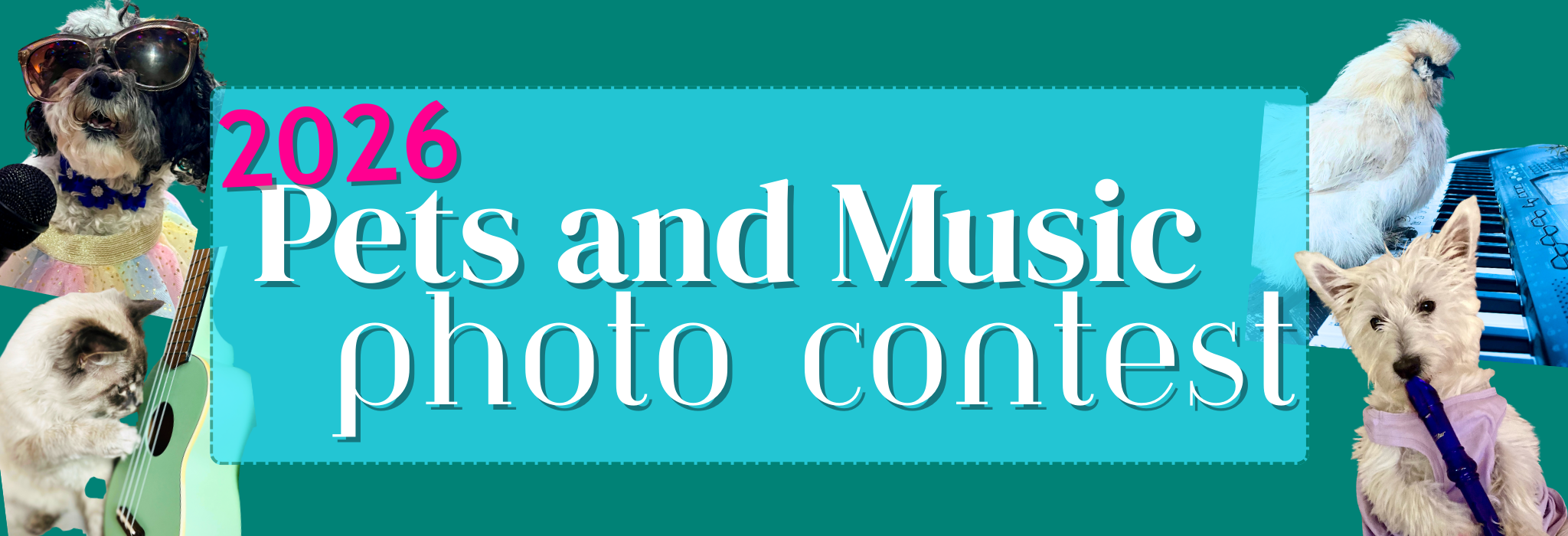 Promotional banner for the 2026 Pets and Music Photo Contest featuring dogs and cats with musical instruments and accessories.