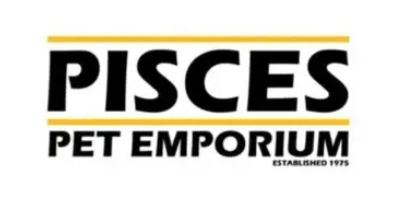 Logo for Pisces Pet Emporium established in 1975, with the word 'PISCES' in large black letters and 'PET EMPORIUM' underneath in smaller font, separated by a yellow line.