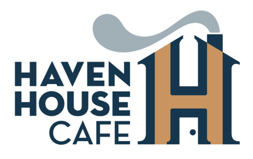 Logo for Haven House Cafe featuring stylized text and a house illustration.