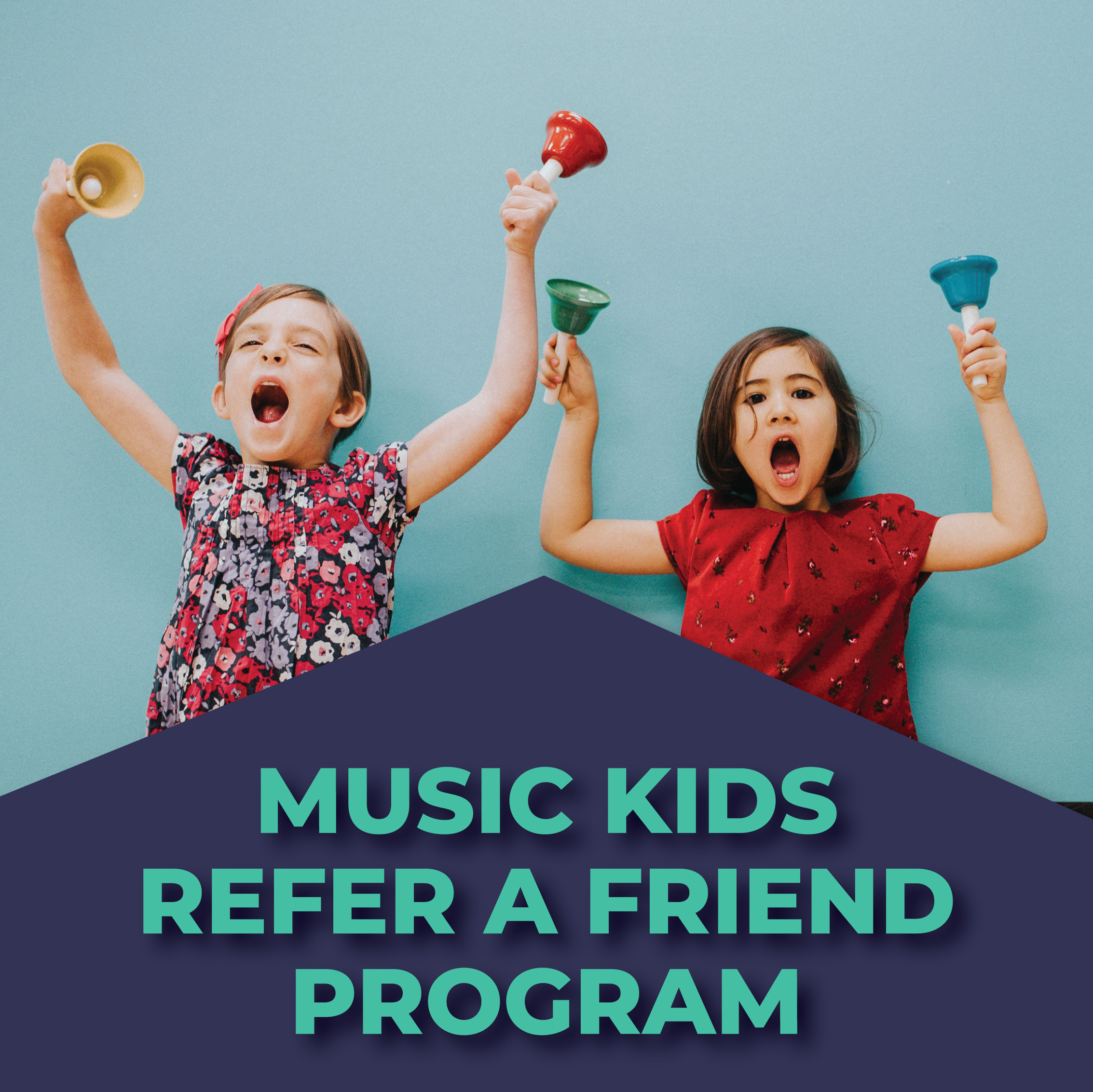 Two young girls singing and playing bells against a blue background, with text promoting a music kids program.