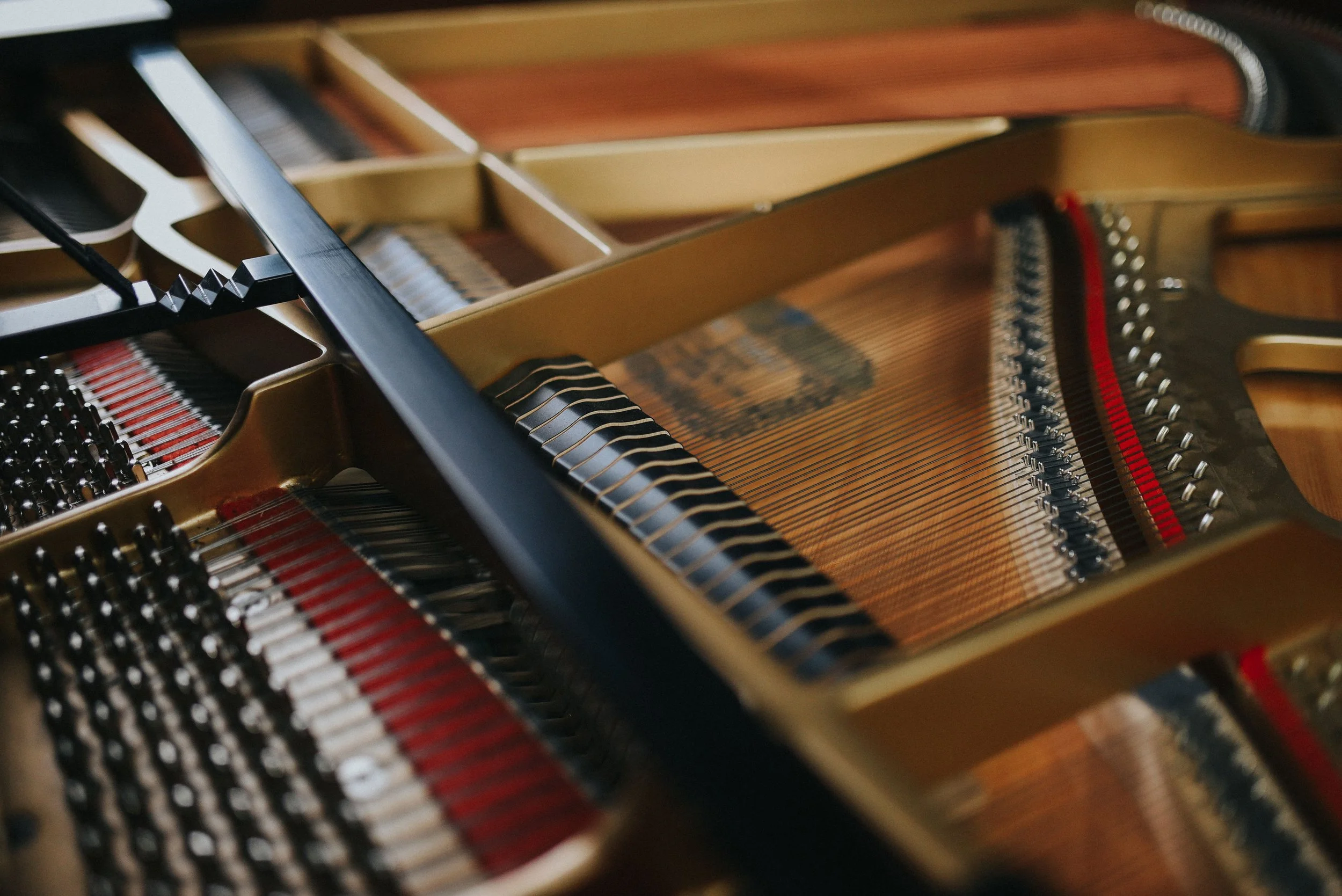 Close-up of the interior of a grand piano showing strings, hammers, and the metal frame.
