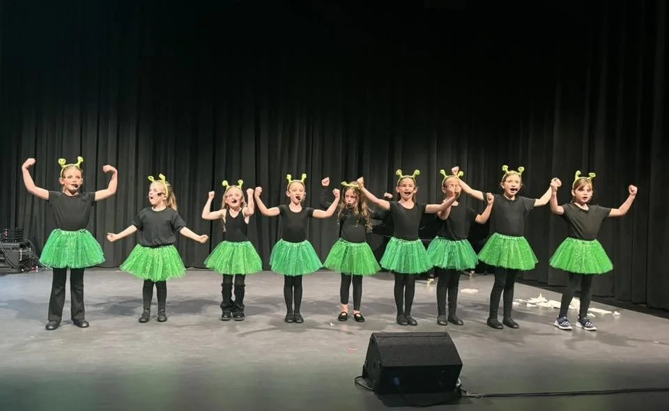Young girls dressed as ladybugs with green tutus, performing a dance on stage with black curtains in the background.