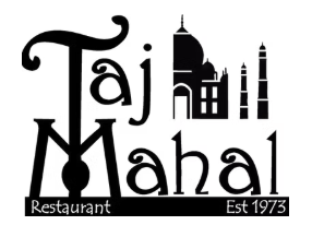 Logo for Taj Mahal restaurant established in 1973, featuring stylized text and silhouettes of the Taj Mahal and other structures.