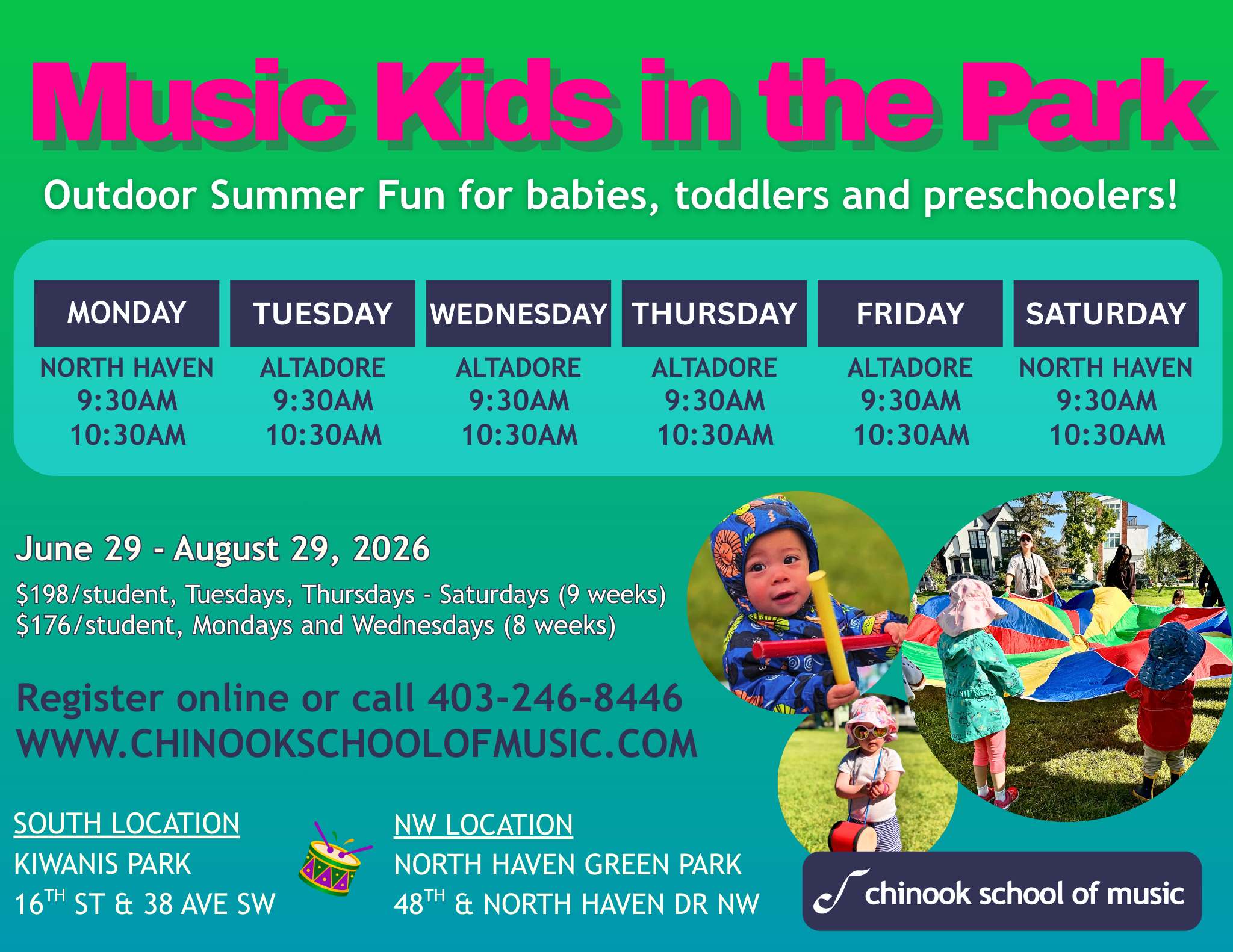 Flyer with green background advertising 'Music Kids in the Park,' outdoor summer music classes for children. Schedule from June 29 to August 29, 2026, at North Haven and Altadore locations. Prices and registration info included. Photos of children playing with outdoor toys and a large colorful parachute.