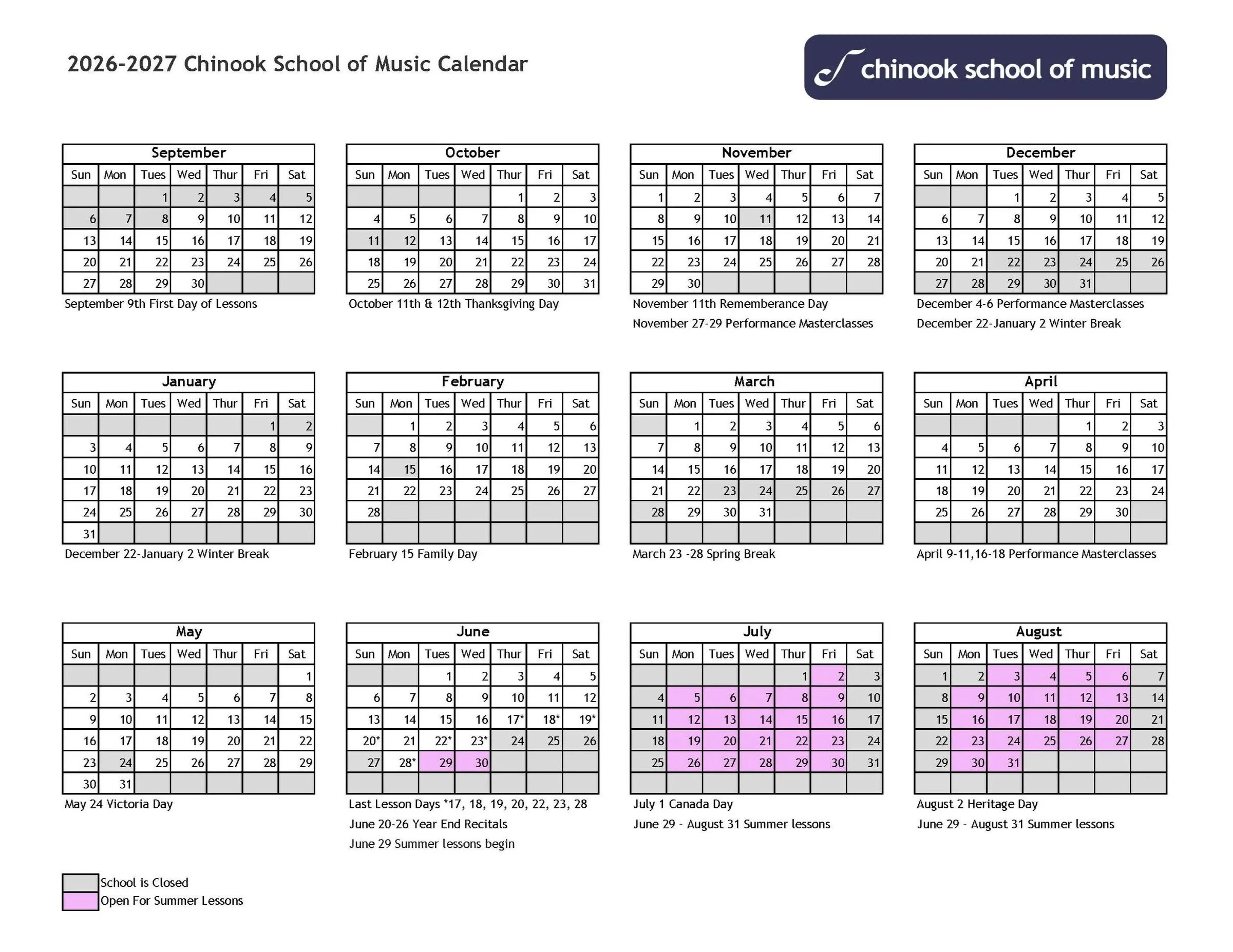 A calendar for the 2026-2027 school year at Chinook School of Music, showing months from September to August with various holiday and lesson dates marked, including school closures and summer lessons in purple.
