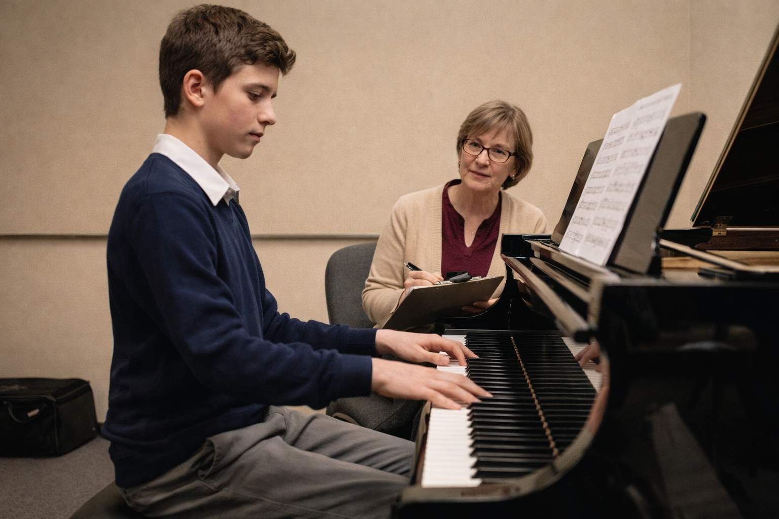 A young man in a navy sweater and gray pants playing the piano, with an older woman in glasses and a beige cardigan taking notes beside him.