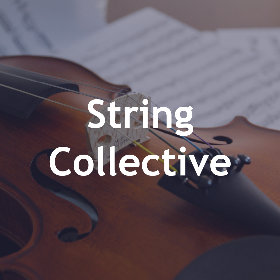 Close-up of a violin with sheet music in the background and the words "String Collective" overlayed.