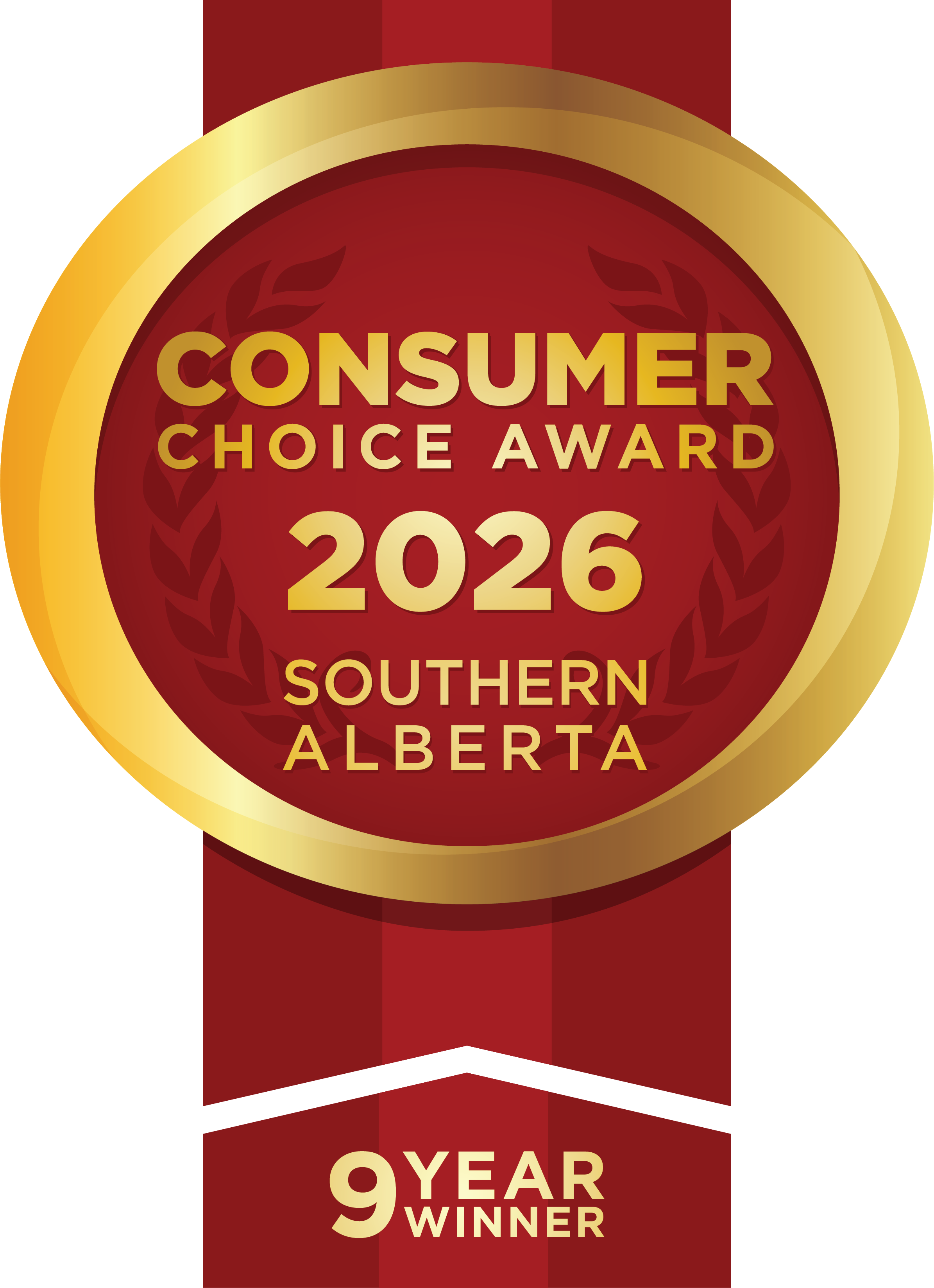 Gold medal award badge reading 'Consumer Choice Award 2026 Southern Alberta, 9 year winner' on a dark red background with gold accents.