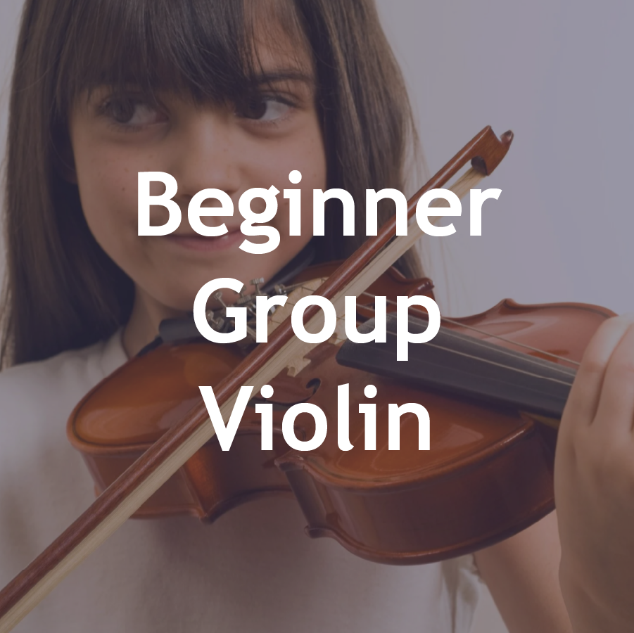 A young girl playing a violin with the text 'Beginner Group Violin' overlaid on the image.