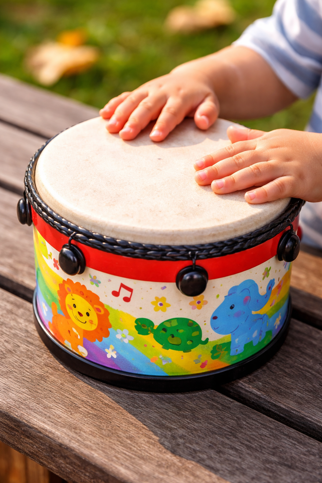 Close-up of a child's hands playing a colorful children's drum with animal illustrations on a wooden surface outdoors.