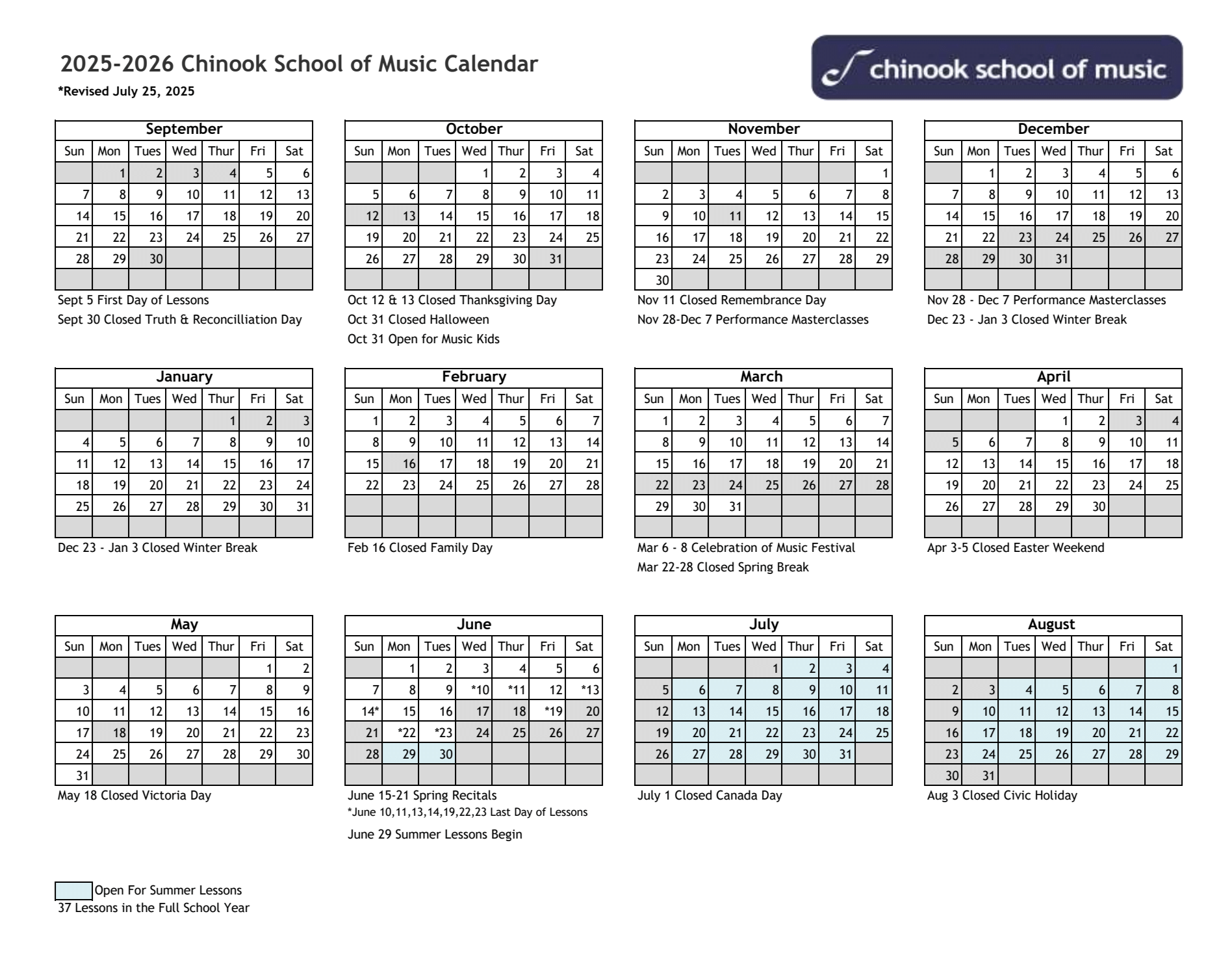 2025-2026 Chinook School of Music Calendar showing months from September 2025 to August 2026, with specific dates marked for school holidays, events, and breaks, including closures for holidays and summer lessons.