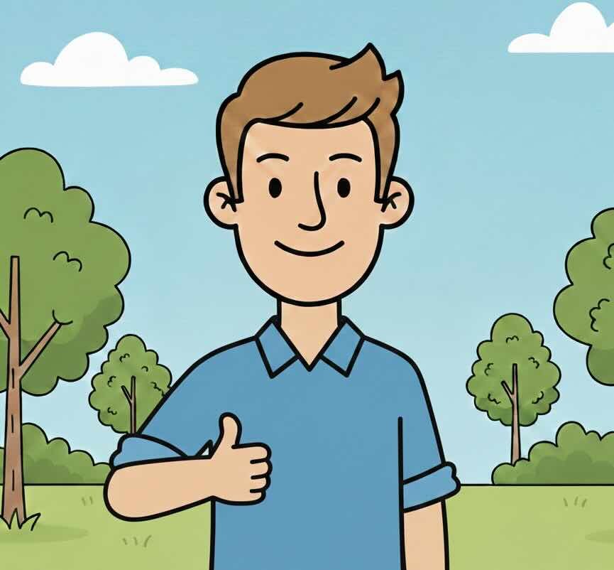 A cartoon man standing outdoors in a park, giving a thumbs-up with a smile, surrounded by trees and a partly cloudy sky.